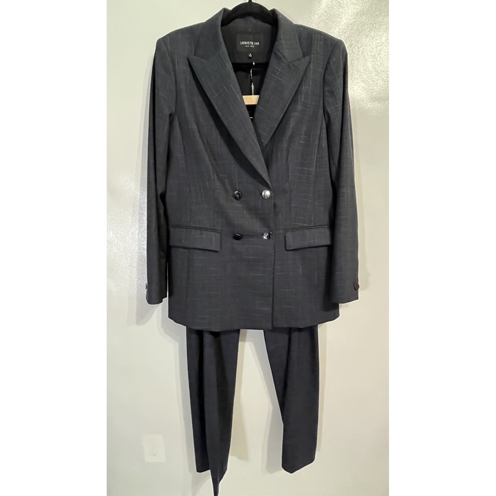 Lafayette 148 Sz 14 & 12 Pant Suit Blazer Blue Wool Blend Double Breasted Career